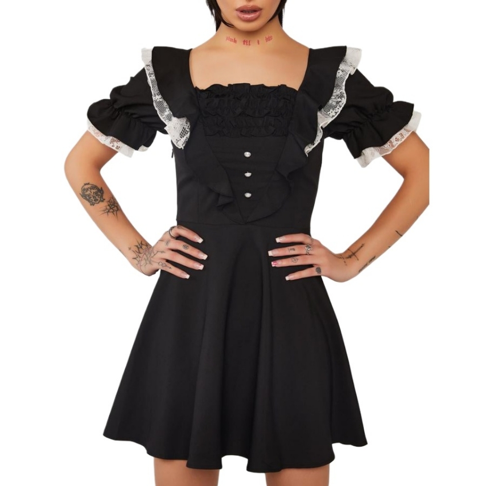 Dark In Love Princess Contrast Ruffle Neckline Dress - Picture 3 of 15